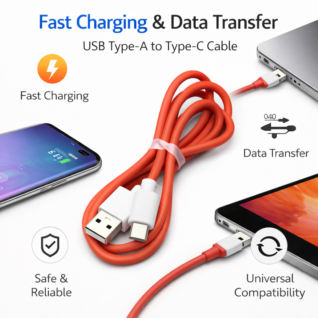 Red USB Type A to Type C cable for mobile charging