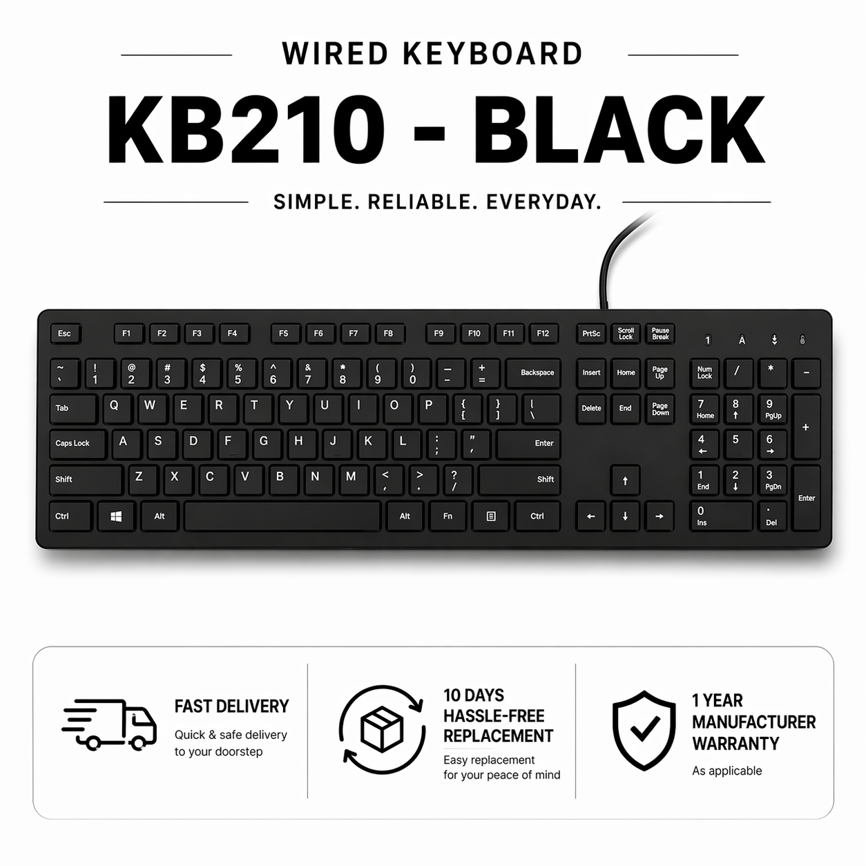 Dell KB210 Wired Keyboard Full Size USB Keyboard Black | Fast Typing Keyboard for PC Laptop Desktop