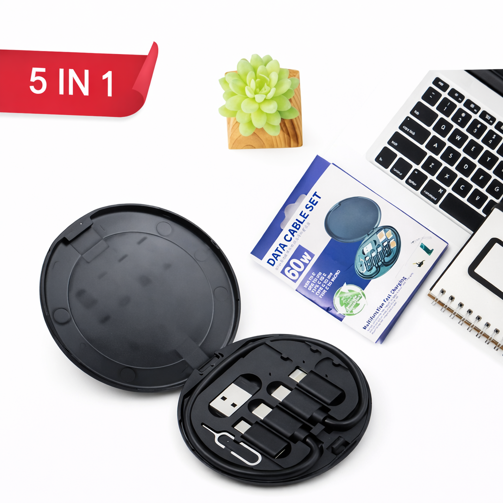 5 in 1 60W fast charging data cable set connected to laptop for multi-device charging