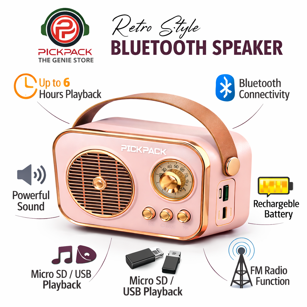 PickPack Retro Bluetooth Speaker with FM Radio | 6 Hours Backup | USB & Micro SD