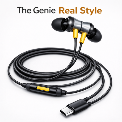 The Genie Real Style Type C Wired Earphone with Mic – Powerful Bass, HD Sound, Tangle-Free Cable