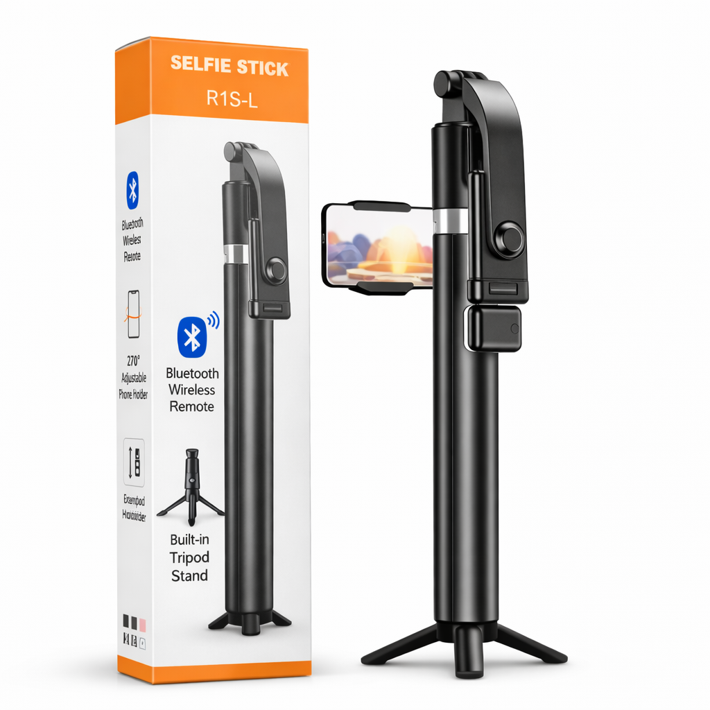 R1S-L selfie stick tripod with Bluetooth remote and 270° adjustable phone holder