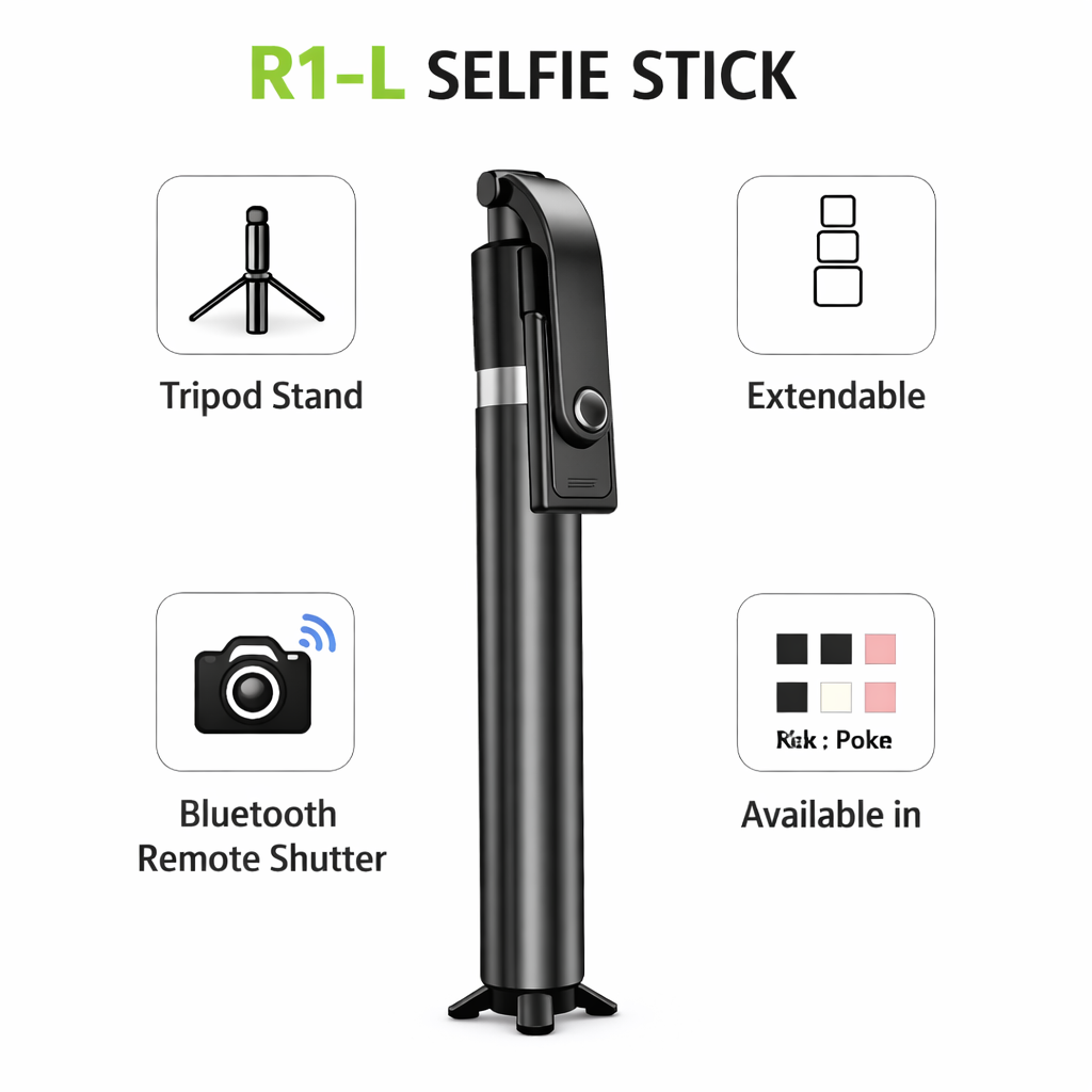 R1-L Selfie Stick with Tripod Stand & Bluetooth Remote | Extendable Mobile Selfie Stick