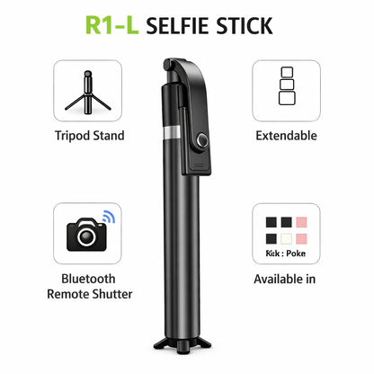 R1-L Selfie Stick with Tripod Stand & Bluetooth Remote | Extendable Mobile Selfie Stick