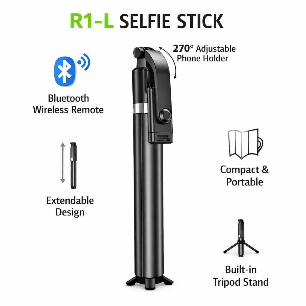 R1-L Selfie Stick with Tripod Stand & Bluetooth Remote | Extendable Mobile Selfie Stick