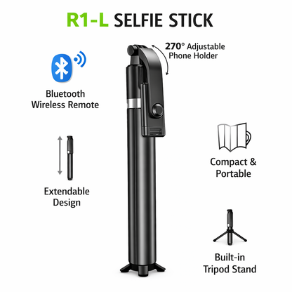 R1-L Selfie Stick with Tripod Stand & Bluetooth Remote | Extendable Mobile Selfie Stick