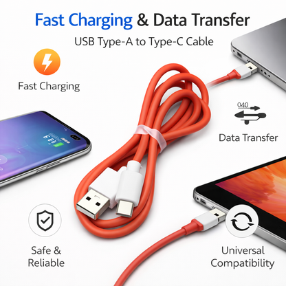 Red USB Type A to Type C cable for mobile charging