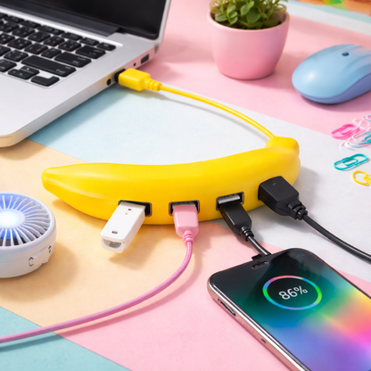 Side view of banana shaped USB hub showing 4 USB 2.0 ports