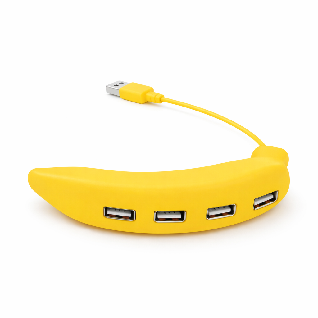 Side view of banana shaped USB hub showing 4 USB 2.0 ports