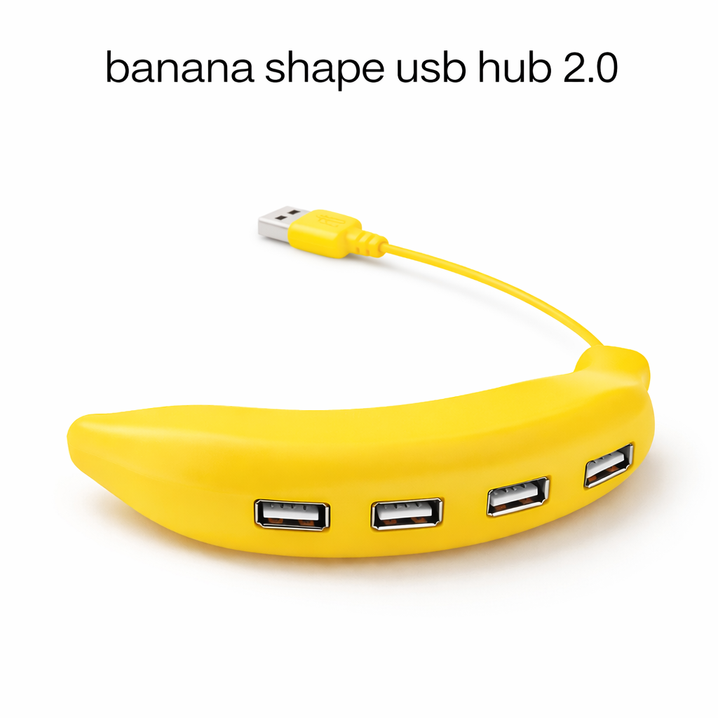 Banana shape USB hub connected to keyboard, mouse and flash drives for PC and laptop