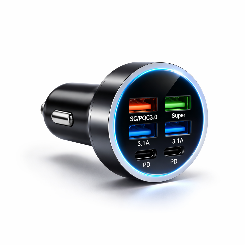 Multi-port car charger charging multiple smartphones and tablets in vehicle