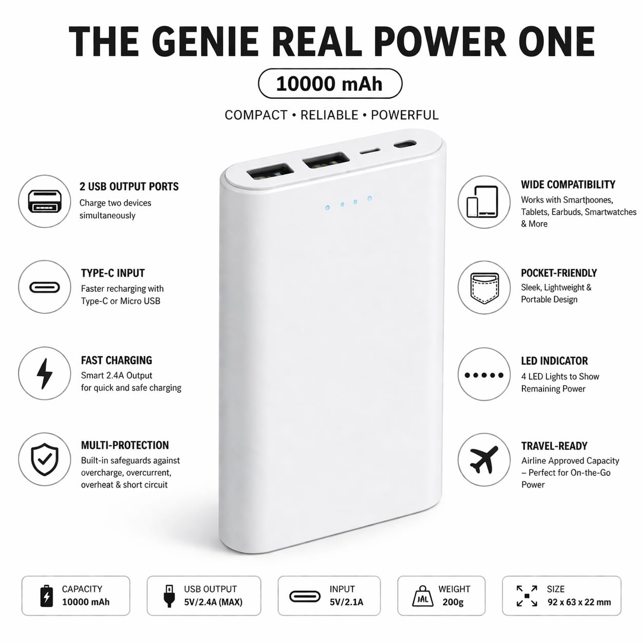 10000mAh power bank fast charging dual USB portable charger features