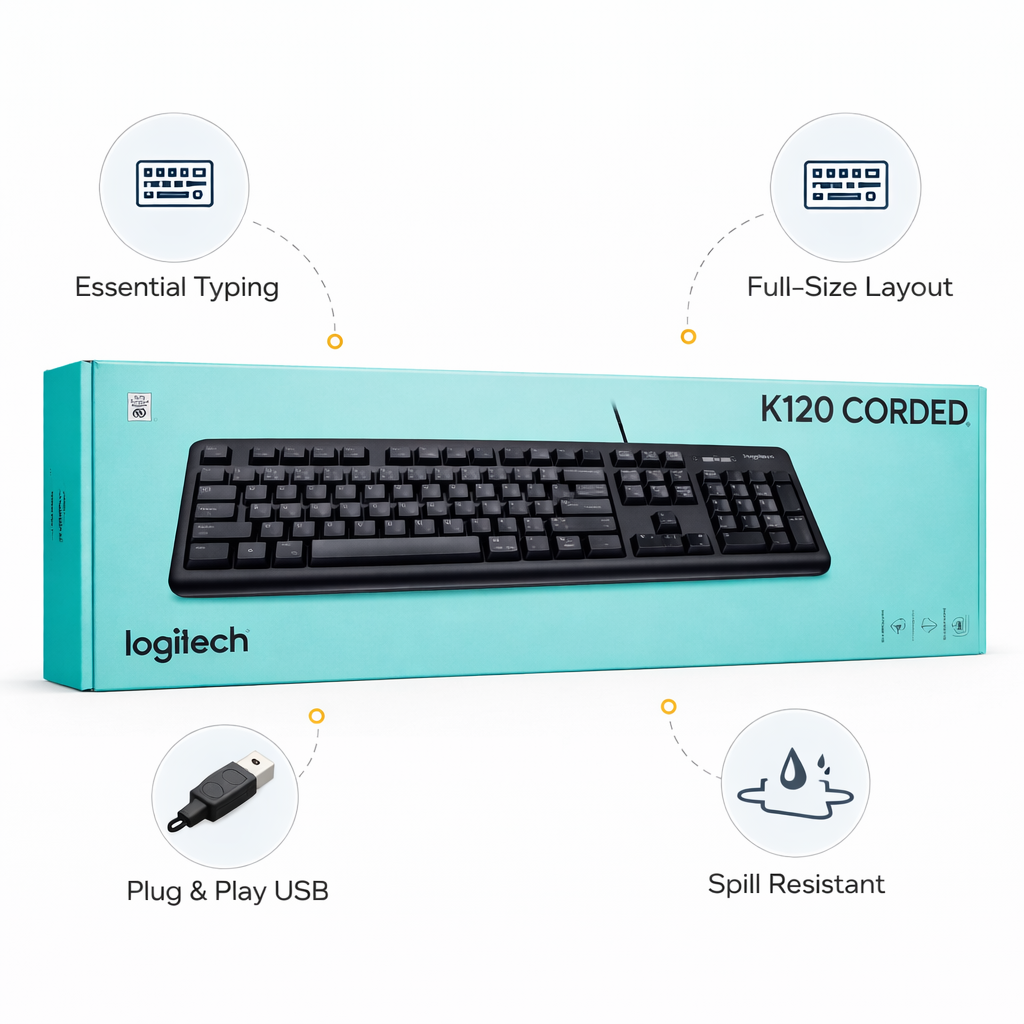 Logitech K120 Corded Keyboard – Durable & Spill-Resistant