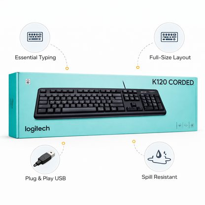 Logitech K120 Corded Keyboard – Durable & Spill-Resistant