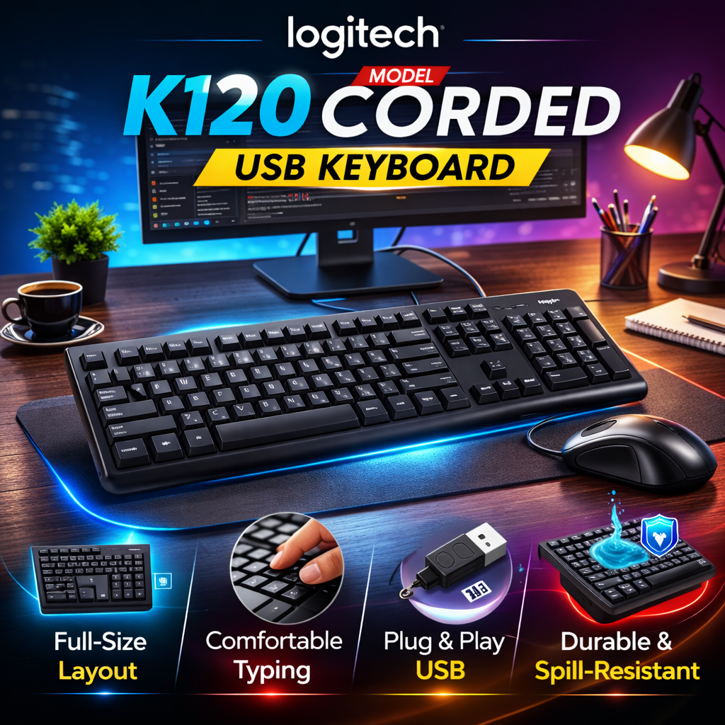 Logitech K120 Corded Keyboard – Durable & Spill-Resistant