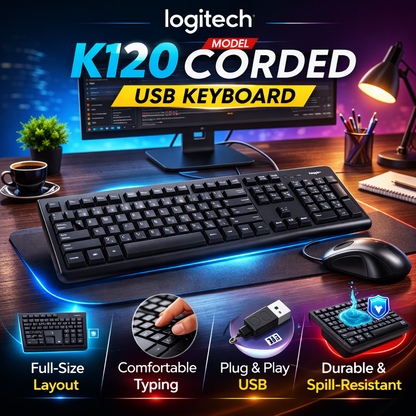 Logitech K120 Corded Keyboard – Durable & Spill-Resistant