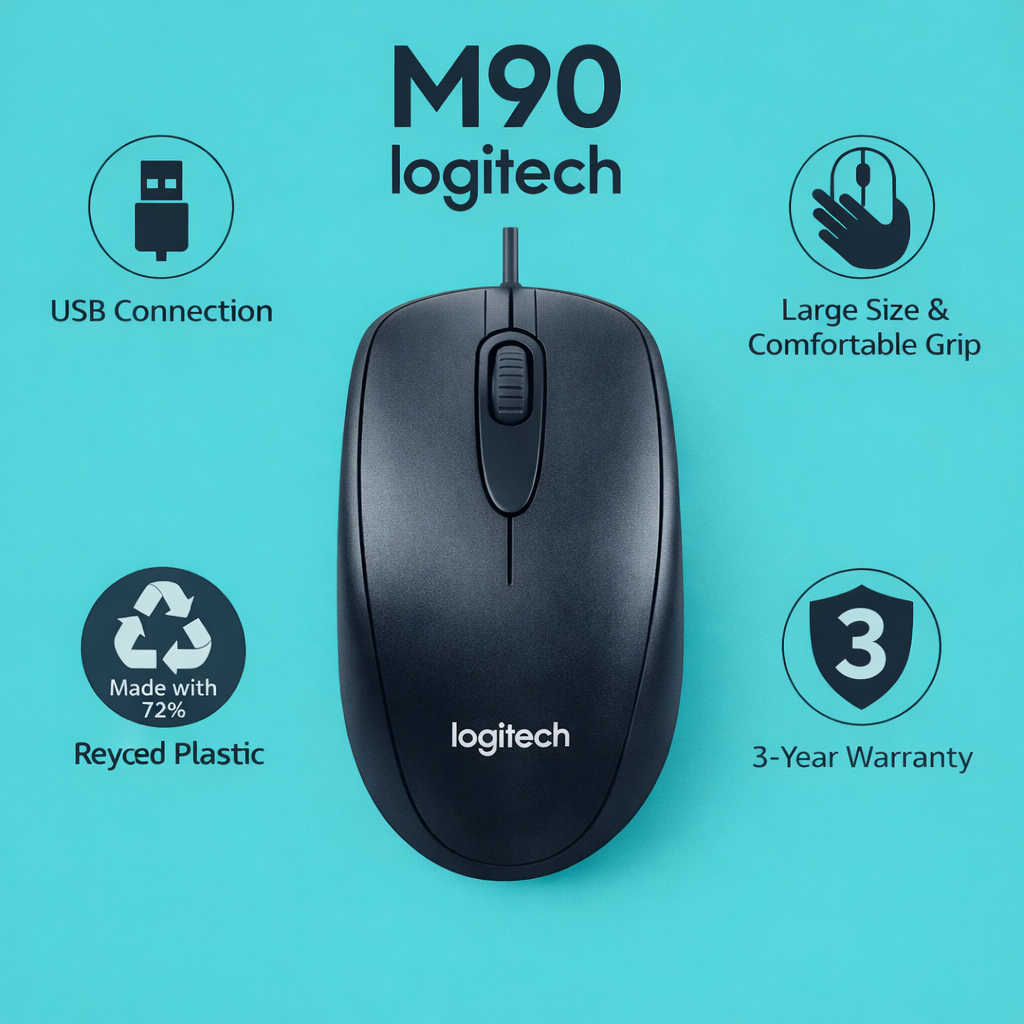 Logitech M90 wired USB mouse with 1000 DPI optical sensor for laptop and PC