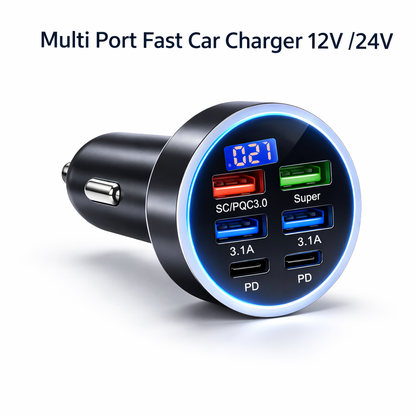Multi-port fast car charger with 4 USB smart adapter for 12V/24V vehicles available at The Genie Store India
