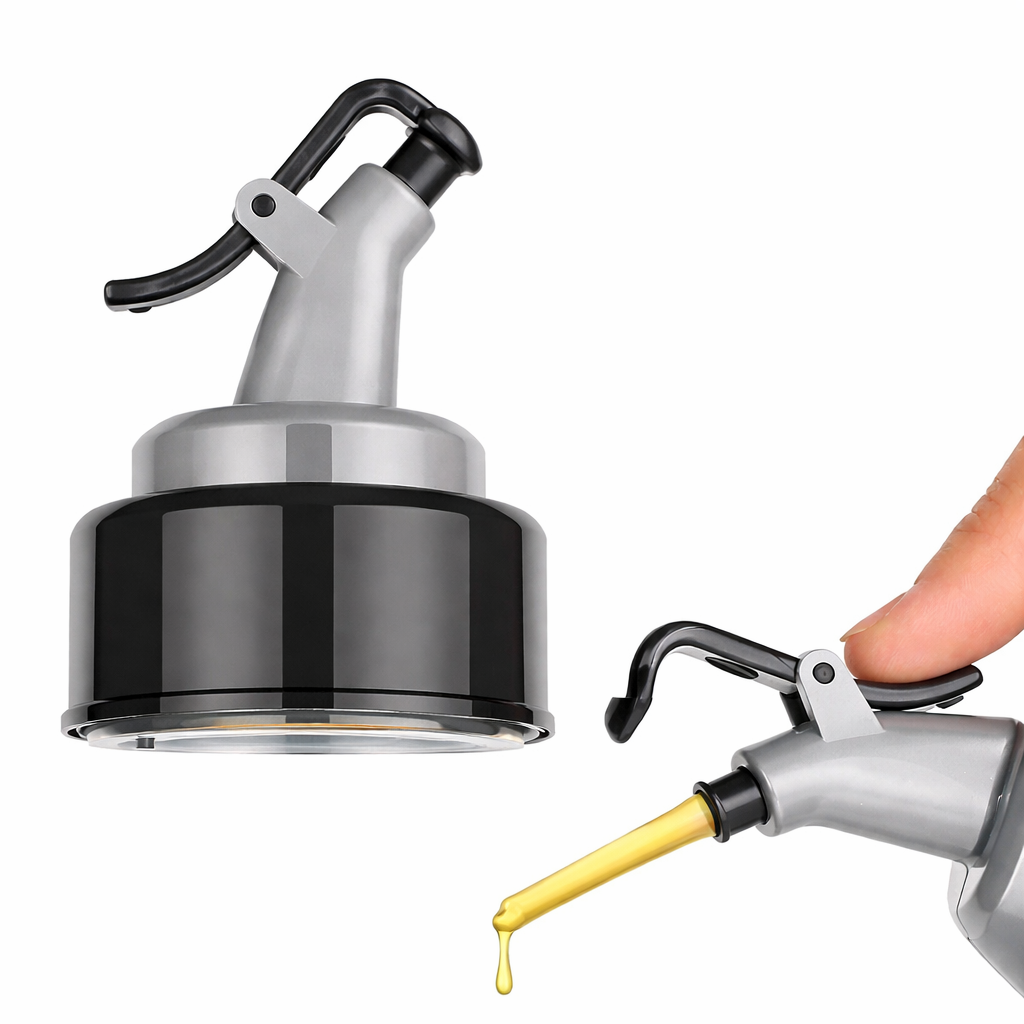 Kitchen oil container with controlled pour drip free nozzle and secure lid