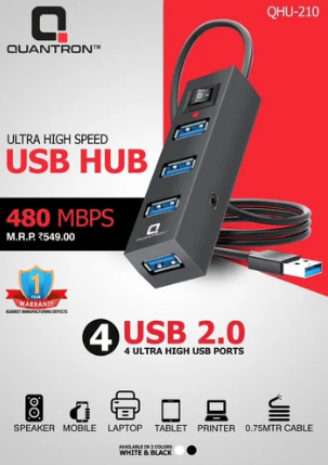 Quantron QUH-210 4 Port USB 2.0 Hub High Speed USB Splitter for Laptop PC Keyboard and Mouse