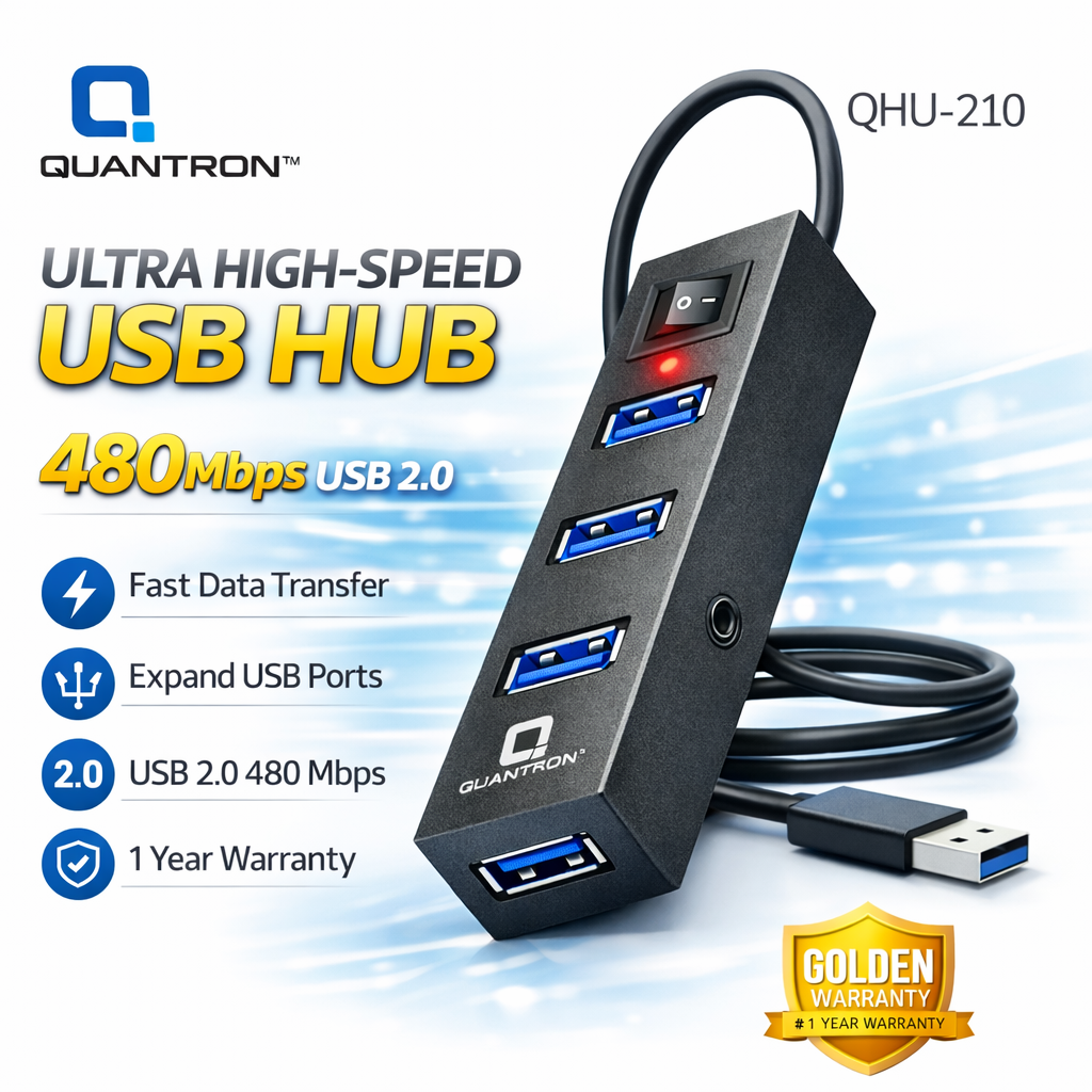 Quantron QUH-210 USB Splitter 4 Port Hub for Connecting Multiple USB Devices to Laptop or PC