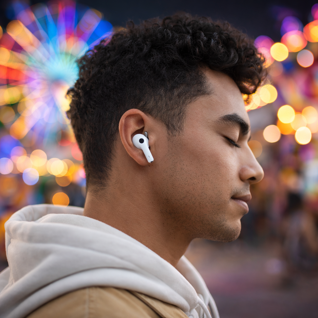 The Genie Air Pro 2 Bluetooth earbuds side view with charging case
