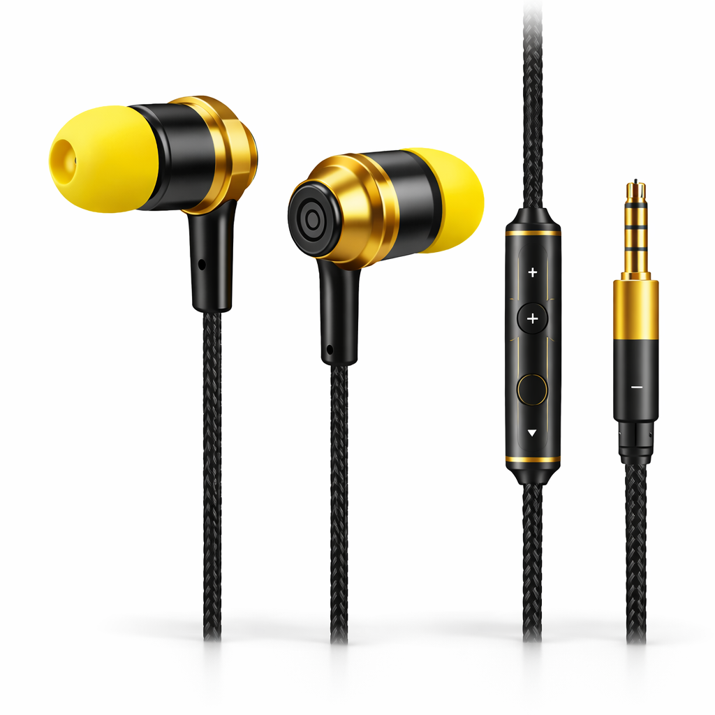 The Genie Real Style earphone with yellow earbuds and tangle free cable