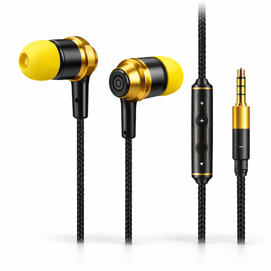The Genie Real Style earphone with yellow earbuds and tangle free cable