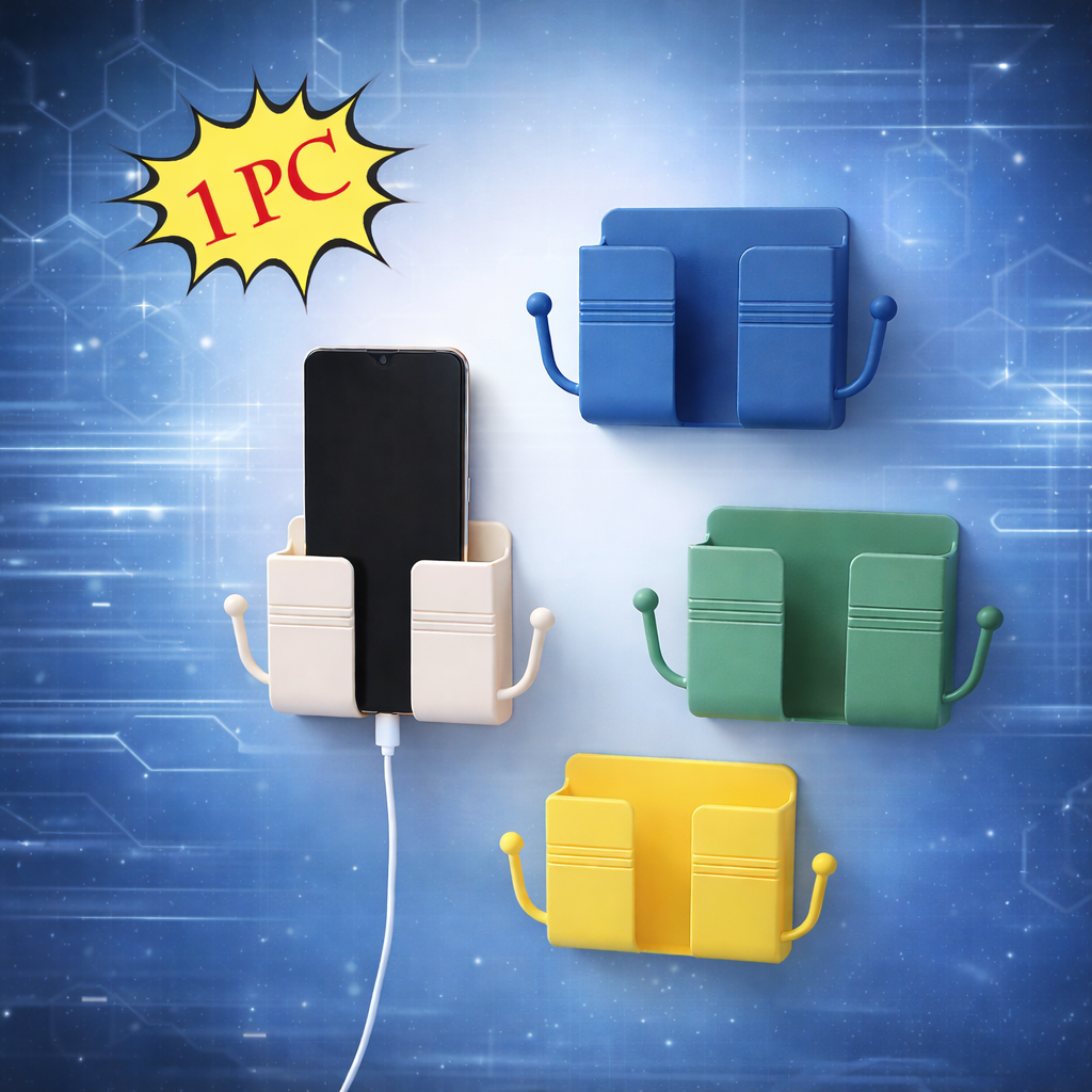 Mobile phone holder mounted on wall with hook holding smartphone