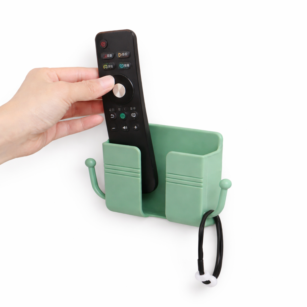 Wallmount mobile stand with hook holding smartphone and keys for space-saving organization