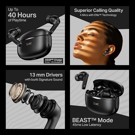 boAt Airdopes 219, 4Mics ENx, 40H Battery, Best in Segment for Calling, App Support, Bluetooth Earbuds, TWS Ear Buds Wireless Earphones with mic (Carbon Black)