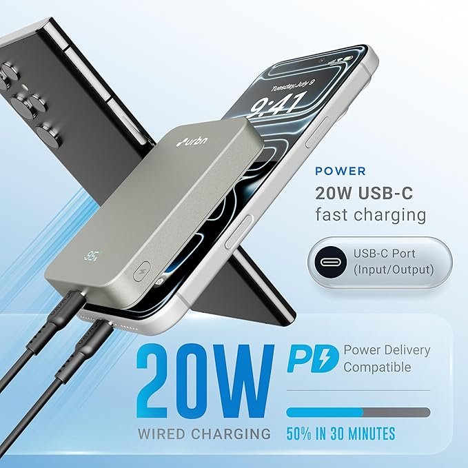 URBN Slate Qi2 MagSafe Power Bank 10000mAh | 15W Magnetic Wireless Charging | 20W USB-C PD Fast Charging | LED Display | Premium Metallic Finish | 1 Year Warranty (Grey)