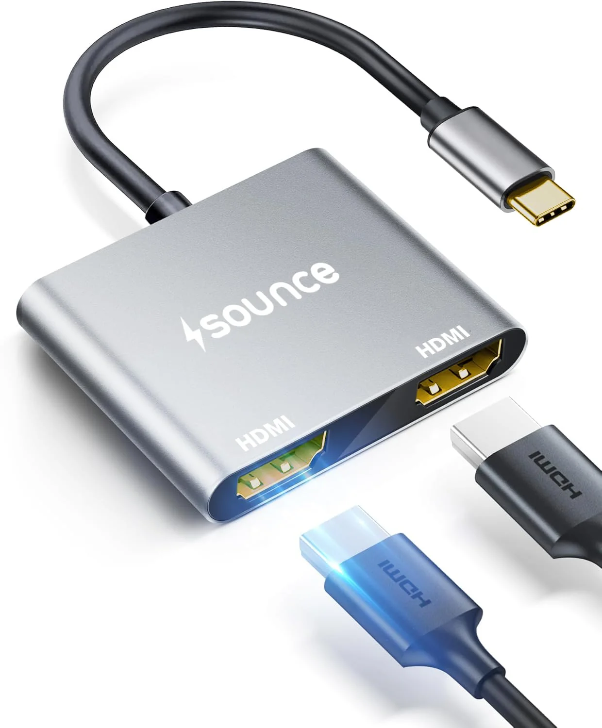 Sounce Type C to Dual HDMI Adapter 4K@60hz, Type C to HDMI Splitter for 2 Monitors, (Thunderbolt 3/4) USB C to Dual HDMI Hub Extend Display for MacBook Air/Pro, Dell XPS, Surface, Chromebook